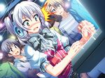  1girl 3boys akaza arcade blue_eyes blush bukkake censored cum handjob headphones henshin_3 multiple_boys penis playing_games public short_hair silver_hair surprised twintails 