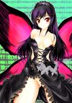  accel_world antenna_hair bad_id bad_pixiv_id bare_shoulders blush breasts bug butterfly butterfly_wings dress dress_lift elbow_gloves gloves hairband highres insect kuroyukihime long_hair medium_breasts nipple_slip nipples pussy sakurajousui_neko solo wings 