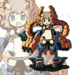  :3 :d brown_hair eyebrows fang flat_chest garoudo_(kadouhan'i) looking_at_viewer mecha_musume midriff monster_hunter navel open_mouth personification pointy_ears short_hair smile solo standing thick_eyebrows thighhighs zinogre zoom_layer 