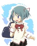  alternate_hairstyle bad_id bad_pixiv_id bag banned_artist blue_eyes blue_hair bow hair_ribbon itou_mikan long_sleeves looking_back mahou_shoujo_madoka_magica miki_sayaka open_mouth ribbon school_uniform short_hair side_ponytail skirt solo 