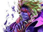  1boy black_sclera cape fingernails god green_hair hades hades_(kid_icarus) kid_icarus kid_icarus_uprising long_fingernails male male_focus multicolored_hair nintendo orange_eyes pixiv pixiv_thumbnail purple_hair purple_skin red_hair sharp_teeth smirk solo tattoo 