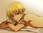  armlet bad_id bad_pixiv_id blonde_hair bracelet brown_background fate/zero fate_(series) gilgamesh jewelry male_focus necklace red_eyes shirtless sitasio toga 