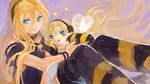  :&lt; bee_girl blonde_hair blue_eyes boots bracelet chibi headphones honey_lily insect_girl jewelry lily_(vocaloid) long_hair looking_away monster_girl sitting smile striped striped_legwear thigh_boots thighhighs vocaloid wings yamakawa_umi 