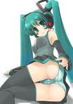  aqua_eyes aqua_hair ass black_legwear blue_panties detached_sleeves hatsukane_tsukasa hatsune_miku headset highres long_hair lying on_side panties pleated_skirt skirt solo striped striped_panties thighhighs twintails underwear very_long_hair vocaloid white_panties 