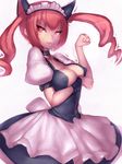  akiha_rumiho animal_ears breasts cat_ears cleavage drill_hair fumio_(rsqkr) light_smile long_hair maid maid_headdress medium_breasts paw_pose red_eyes red_hair simple_background skirt solo steins;gate 