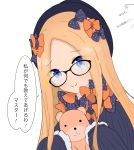  1girl abigail_williams_(fate/grand_order) atsumisu bangs bespectacled black-framed_eyewear black_bow black_dress black_hat blonde_hair blue_eyes blush bow closed_mouth commentary_request dress eyebrows_visible_through_hair fate/grand_order fate_(series) forehead glasses hair_bow hands_up hat head_tilt highres holding holding_stuffed_animal long_hair long_sleeves looking_at_viewer orange_bow parted_bangs polka_dot polka_dot_bow simple_background sleeves_past_fingers sleeves_past_wrists smile solo sparkle stuffed_animal stuffed_toy teddy_bear translation_request upper_body very_long_hair white_background 