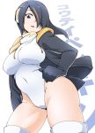  1girl black_hair black_jacket breasts brown_eyes covered_navel drawstring emperor_penguin_(kemono_friends) from_below hair_over_one_eye headphones highleg highleg_leotard highres hood hoodie jacket kagura_roku kemono_friends large_breasts leotard long_hair looking_at_viewer multicolored_hair open_clothes open_hoodie solo streaked_hair thighhighs white_background white_legwear white_leotard 