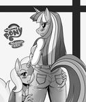  anthro anthrofied big_butt black_and_white blush breasts butt clothing equine female friendship_is_magic greyscale hair horn horse lesbian licking long_hair looking_at_viewer looking_back mammal monochrome multi-colored_hair my_little_pony pants pony shirt smile sssonic2 sweat tongue tongue_out trixie_(mlp) twilight_sparkle_(mlp) unicorn 