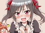  abe_nana abe_nana_(cosplay) apron blush cosplay grey_hair hair_ribbon idolmaster idolmaster_cinderella_girls kanzaki_ranko long_hair multiple_girls open_mouth pink_eyes ribbon smile sweatdrop tears trembling twintails uraichishi 