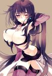  arm_behind_head armpits bad_id bad_pixiv_id belt black_hair breasts brooch covered_nipples cz detached_sleeves highres jewelry large_breasts long_hair midriff navel orange_eyes r0c scrapped_princess simple_background skirt slender_waist solo thigh_strap very_long_hair 