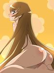  aoi_nagisa_(metalder) ass back bangs blush body_blush brown_eyes brown_hair flower from_behind heartcatch_precure! highres kneeling legs long_hair looking_back myoudouin_itsuki no_pussy nude precure solo sweat tears very_long_hair 