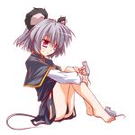  animal_ears bare_legs barefoot capelet dress full_body grey_dress grey_hair hemogurobin_a1c leg_hug mouse mouse_ears mouse_tail nazrin no_panties red_eyes short_hair sitting smile solo tail touhou transparent_background 