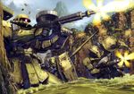  battle firing glowing glowing_eyes gun gundam gundam_08th_ms_team highres machine_gun mecha mountain no_humans shell_casing shield war water weapon zaku zaku_i zaku_ii_f/j 