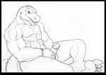  4_toes abs alligator biceps black_and_white bracelet claws erection grin hindpaw jewelry looking_at_viewer louiefurrywolfy lounging male monochrome muscles nude paws pecs penis plain_background plantigrade reptile scalie sketch soles solo toe_claws toes white_background 