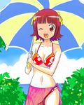  amami_haruka bikini floral_print highres idolmaster idolmaster_(classic) looking_at_viewer navel one_eye_closed oofuji_wataru open_mouth purple_sarong red_bikini red_eyes red_hair sarong short_hair smile solo swimsuit umbrella water 