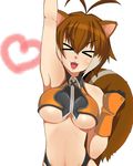  &gt;_&lt; :3 animal_ears antenna_hair arm_up armpits bare_shoulders blazblue breasts brown_hair clenched_hand closed_eyes crop_top gloves heart highleg highleg_panties highres kidoriyacats large_breasts makoto_nanaya midriff navel orange_skirt panties revealing_clothes skirt solo squirrel_ears squirrel_tail tail underboob underwear 