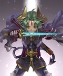  ark_mateus cape demon_tail energy_sword ezusuke forehead_jewel green_hair horns male_focus shinrabanshou smile solo sword tail weapon yellow_eyes 