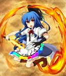  bad_id bad_pixiv_id blue_hair blush boots dress fire food fruit gloves glowing hat hati105 hinanawi_tenshi long_hair open_mouth peach red_eyes single_glove solo sword sword_of_hisou touhou weapon 