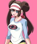  blue_eyes breasts brown_hair double_bun long_hair medium_breasts mei_(pokemon) open_mouth pantyhose pokemon pokemon_(game) pokemon_bw2 raglan_sleeves shirt skirt smile solo tedain twintails visor_cap 