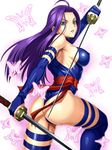  ahoge ass blue_leotard boots breasts bridal_gauntlets bug butterfly covered_nipples dual_wielding eyeshadow from_behind green_eyes highres holding impossible_clothes insect katana large_breasts leotard long_hair looking_at_viewer looking_back makeup marvel panties psylocke purple_hair shunzou skindentation solo sword thigh_boots thigh_strap thighhighs thong_leotard underwear weapon x-men 