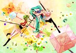  778-go aqua_eyes aqua_hair bad_id bad_pixiv_id boots electric_guitar green_eyes green_hair guitar gumi hatsune_miku headphones highres instrument knee_boots long_hair microphone microphone_stand multiple_girls open_mouth skirt thigh_boots thighhighs twintails very_long_hair vocaloid 