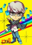  bad_id bad_pixiv_id bangs card character_name chibi copyright_name expressionless floating_card glasses grey_eyes grey_hair jacket jinkai_yamizawa katana looking_at_viewer loose_clothes loose_shirt male_focus narukami_yuu open_clothes open_jacket pants persona persona_4 persona_4:_the_ultimate_in_mayonaka_arena rainbow school_uniform shirt shoes solo sword weapon 