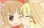  blonde_hair blush brown_hair cheek_kiss closed_eyes commentary_request eyebrows hat heart ibuki_suika kiss long_hair morioka_itari moriya_suwako multiple_girls one_eye_closed thick_eyebrows touhou yuri 