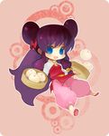  :d bad_id bad_pixiv_id bamboo_steamer baozi chibi chinese_clothes double_bun food full_body kenko no_nose open_mouth pants pink_background pink_pants purple_hair ranma_1/2 shampoo_(ranma_1/2) smile solo 
