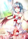  absurdres bad_id bad_pixiv_id bat_wings blue_hair character_name choker cross dress elbow_gloves flower fuuna_(conclusion) gloves highres red_eyes remilia_scarlet ribbon rose short_hair solo tiara touhou window wings wrist_ribbon 
