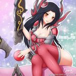  armor black_hair blade blush breasts cheng cleavage hair_ornament irelia league_of_legends long_hair medium_breasts signature sitting solo thighhighs yellow_eyes 