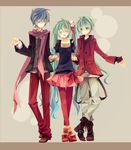  2boys akiyoshi_(tama-pete) blue_hair bolo_tie boots bow brown_footwear closed_eyes collaboration colorized crossed_legs fingerless_gloves flower full_body genderswap genderswap_(ftm) gloves green_hair hair_flower hair_ornament hair_ribbon hatsune_miku hatsune_mikuo holding_hands kaito long_hair multiple_boys open_mouth pants pantyhose red_legwear red_pants red_scarf ribbon scarf sitting skirt socks socks_over_pantyhose standing sweater twintails very_long_hair vocaloid yoshiki 