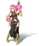  blue_eyes boots elrowa flower full_body headphones headset highres long_hair looking_at_viewer megurine_luka pink_hair simple_background skirt smile solo thighhighs very_long_hair vocaloid 