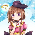  1girl ? blue_background blush bow bowtie brown_hair hat head_tilt looking_at_viewer lowres nishida_satono parted_lips pote_(ptkan) puffy_short_sleeves puffy_sleeves purple_eyes short_hair_with_long_locks short_sleeves solo star starry_background tate_eboshi touhou upper_body 