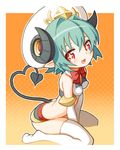  1girl arcana_trust bad_id bad_pixiv_id demon_tail fang gradient gradient_background green_hair halftone halftone_background hat heart heart_tail horns jitsudan looking_at_viewer midriff open_mouth pointy_ears red_eyes shinrabanshou short_hair sitting smile solo tail thighhighs wariza white_legwear 