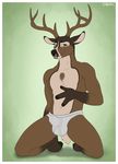  3_fingers anthro antlers briefs brown_fur bulge cervine chest_tuft deer fur green_eyes hooves horn kneeling looking_at_viewer male mammal muscles navel pecs sigma_x smaller_version_at_the_source smile solo topless tuft underwear 