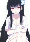  bad_id bad_pixiv_id black_hair breasts cleavage der_(derm9) dress_shirt flower hair_flower hair_in_mouth hair_ornament hydrangea long_hair mouth_hold naked_shirt navel pale_skin red_eyes sanka_rea sankarea shirt simple_background small_breasts smile solo stitches 