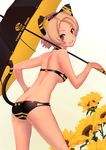  absurdres animal_ears ass bangs bare_shoulders bikini black_bikini blonde_hair breasts butt_crack fake_animal_ears flower hairband hand_on_hip highres leaning_forward looking_at_viewer looking_back nagi_ryou original parted_bangs red_eyes short_hair sideboob small_breasts smile solo sunflower swimsuit tail tiger_ears tiger_tail umbrella 