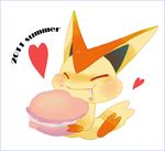  bad_id bad_pixiv_id border closed_eyes eating fangs food gen_5_pokemon heart macaron mousou_youjo no_humans pokemon pokemon_(creature) pokemon_(game) pokemon_bw simple_background sitting solo victini white_background 