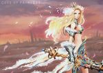  armor blonde_hair blue_eyes breasts code_of_princess copyright_name crown frills gauntlets large_breasts long_hair md5_mismatch minats petals sideboob solange_blanchefleur_de_luxe solo sword weapon 