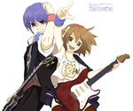  1girl couple drum gen_1_pokemon guitar hetero instrument kaito kanipanda les_paul looking_at_viewer meiko pikachu pokemon pokemon_(creature) short_hair simple_background skirt smile thighhighs translation_request uniform vocaloid white_background younger 