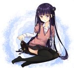  inu_x_boku_ss long_hair no_shoes purple_eyes purple_hair shirakiin_ririchiyo sitting skirt skirt_lift solo sparkle sweater thighhighs yanagi_akira 