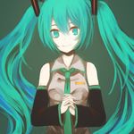  aqua_eyes aqua_hair bad_id bad_pixiv_id bare_shoulders detached_sleeves green_hair hands_together hatsune_miku lemontea long_hair necktie own_hands_together smile solo twintails vocaloid 