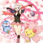  absurdres arm_up armpits beanie black_legwear blue_eyes blue_hair boots bracelet cherrim drifloon gen_4_pokemon hat highres hikari_(pokemon) jewelry jinteitei kneehighs legs long_hair pink_footwear pokemon pokemon_(creature) pokemon_(game) pokemon_dppt red_scarf scarf skirt 