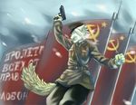  blonde_hair canine flag gun hair hammer_and_sickle mammal open_mouth ranged_weapon russian_text snow soviet soviet_flag star text uniform weapon 