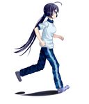  akiyama_mio black_eyes black_hair blush gym_uniform hime_cut k-on! long_hair pants ponytail running solo track_pants uniform 
