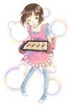  ;d amami_haruka apron baking_sheet brown_hair checkerboard_cookie cookie food green_eyes hair_ribbon idolmaster idolmaster_(classic) kneehighs one_eye_closed open_mouth oven_mitts ribbon smile solo striped striped_legwear t-okada thighhighs tray 