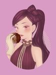  blush chocolat_french chocolat_french_angel_chocolat doughnut face food french_cruller gloves jojon lips long_hair mister_donut mole mole_under_eye personification ponytail purple_background purple_eyes purple_hair simple_background sleeveless solo upper_body 