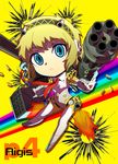  :&lt; aegis_(persona) armor bad_id bad_pixiv_id blonde_hair blue_eyes bullet character_name chibi copyright_name expressionless hairband highres jinkai_yamizawa legs lips necktie persona persona_3 persona_4:_the_ultimate_in_mayonaka_arena rainbow robot_joints short_hair simple_background solo weapon yellow_background 