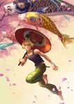  barefoot blonde_hair cherry_blossoms hand_wraps highres ivan_karelin jumping kame4282 kite koinobori male_focus oriental_umbrella parasol petals purple_eyes solo tank_top tiger_&amp;_bunny umbrella 