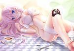  bad_id bad_pixiv_id bandages barefoot blue_eyes bolt bra breasts checkered checkered_floor chize choker cleavage cup double_sided_wrench garter_straps joints large_breasts lingerie long_hair lying mechanical_legs navel no_panties on_back original pink_hair robot_joints spoon sugar_cube teacup underwear wrench 